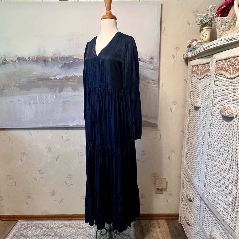 MITTOSHOP Maxi Dress‎ Peasant Boho GOTH Size L Blue Tiered Ruffled Long Sleeve